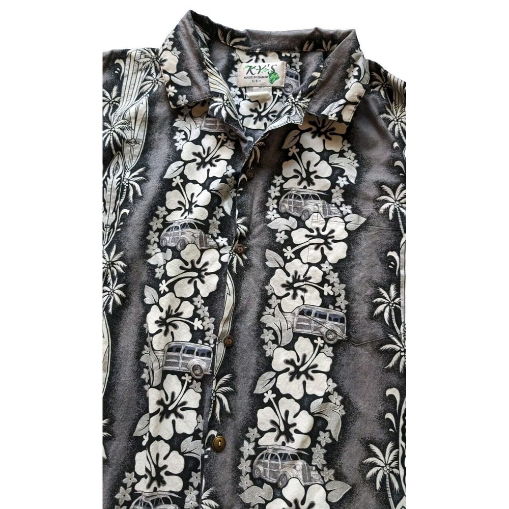 Vintage KY'S Made in Hawaii 2XL Hawaiian Shirt Floral Surfing Woody Wagon Print